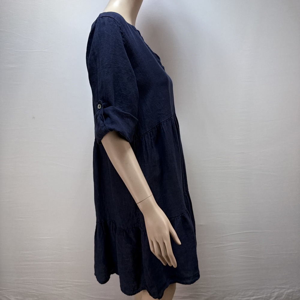 Bellambia Navy Blue Linen Tiered Dress Size L V-Neck 3/4 Roll Sleeve Made Italy - Picture 5 of 7